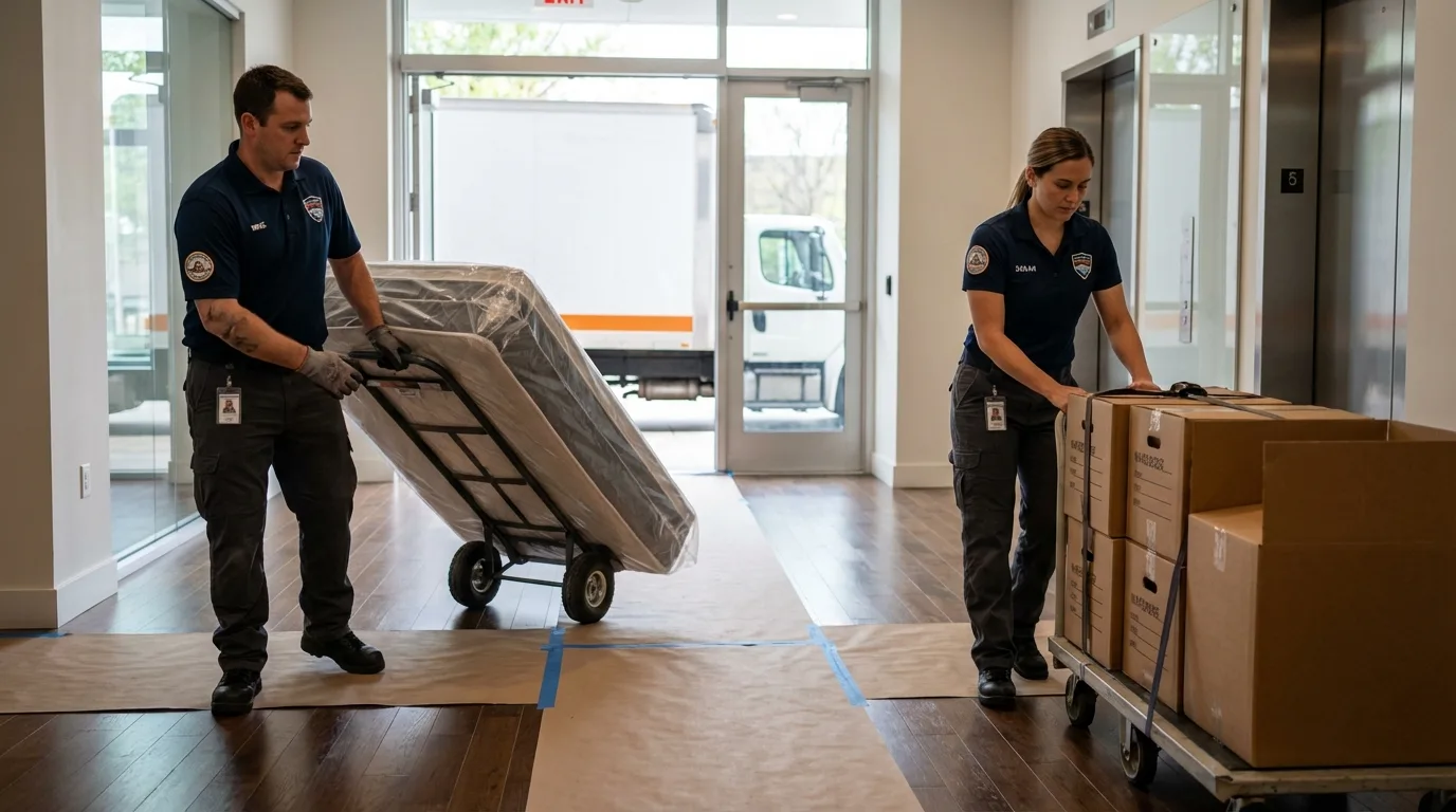 Professional apartment movers loading elevator in Goodwater, AL